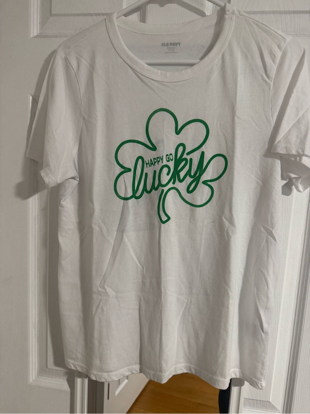 Old Navy White Tee with Green Shamrock 'Lucky' Graphic